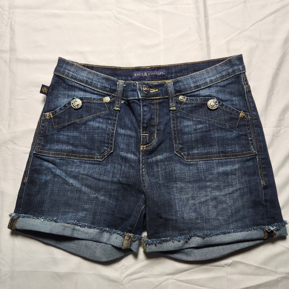 Rock & Republic Womens 8 Stinger Cuffed Frayed Hem Shorts Flap Pockets